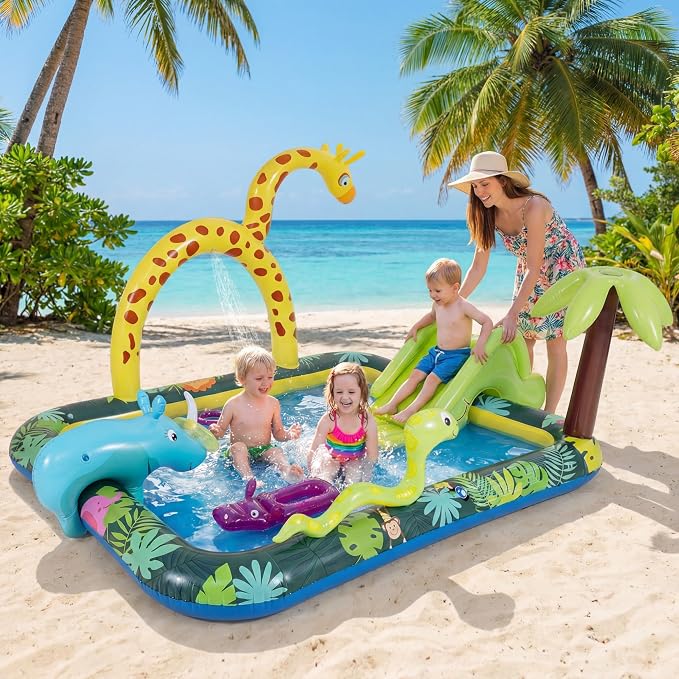 GLACER Inflatable Kiddie Pool, Outdoor Splash Pad with Slide & Sprinkler | Jungle Adventure Toddler Swimming Pool with Ring-Toss Game, Water Play Center for Backyard, Garden, 70"L x 54.5"W x 82"H