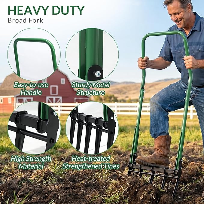 BroadFork Garden Tool, Heavy Duty 5-Tine Broad Fork Hand Tiller, Garden Pitchfork with Ergonomic U-Shaped Handle, Digging Fork for Gardening, Cultivating