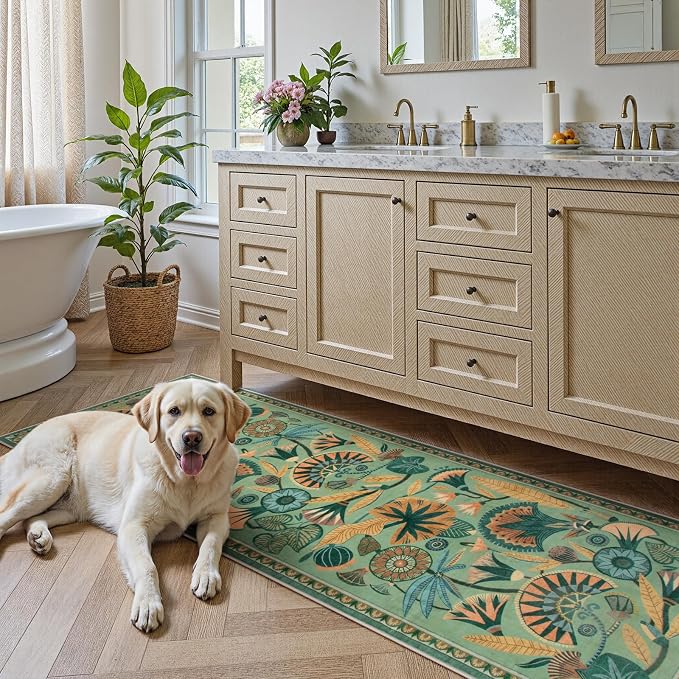 Zealude Floral Kitchen Rugs, 2.5X8 Green Runner Rug for Hallway, Non Slip Rugs for Entryway, Washable Carpet Runner with Rubber Backing, Vintage Rug for Bathroom Bedroom Indoor