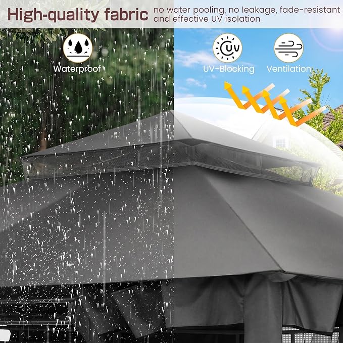 COBIZI 10x10 Gazebo with Double Roof & Mosquito Netting Outdoor Heavy-Duty Party Tent, Patio Tent with Zipper Screens - Backyard Garden Lawn Shelter Includes Wind Ropes Expansion Bolts, Grey