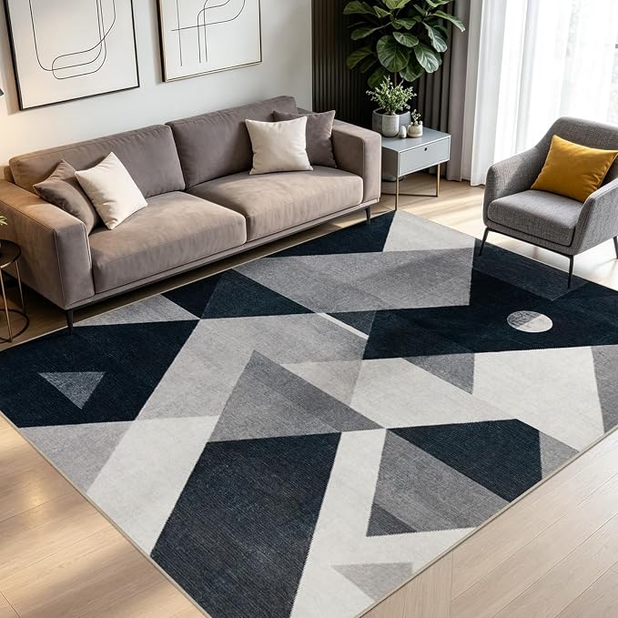 Joydeco 5x7 Geometric Washable Area Rug for Living Room, Black Gray White | Modern Non-Slip Low Pile Soft Stain Resistant Dark Gray Pet Child Friendly Carpet for Bedroom Dining Room Home Office