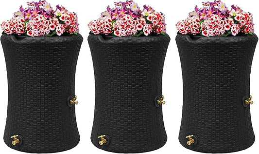 Good Ideas Impressions 50 Gallon Nantucket Outdoor Home Rain Barrel Water Storage Collector with Garden Planter and Brass Spigot, Black (3 Pack)