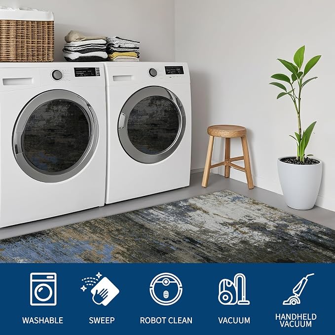 GarveeHome Washable Area Rug 3x5 Modern Abstract Gray Brown | Non-Slip Backing, Stain-Resistant Low Pile Floor Cover, Colorful Indoor Mat, Bedroom, Kitchen, Laundry
