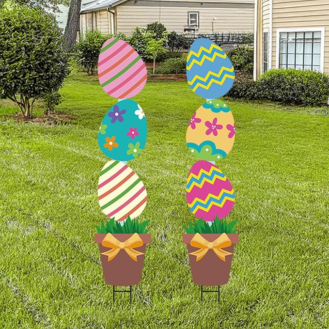 Bunny Chorus Large Metal Easter Egg Flower Pot Yard Signs: 2pcs, Multicolored, Farmhouse Style, Easter Decor with Stakes, Lawn & Garden Decor