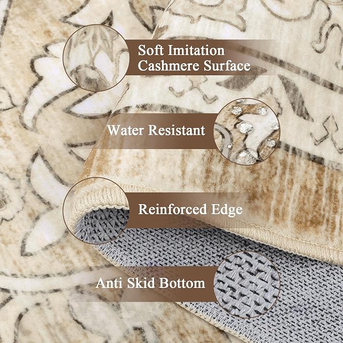 U'Artlines Boho Vintage Area Rug 5x7 Machine Washable Carpet, Cream Tan | Low Pile, Non Slip, Ultra-Thin Soft Floor Carpet, Accent Rug for Living Room Bedroom Dining Room Office