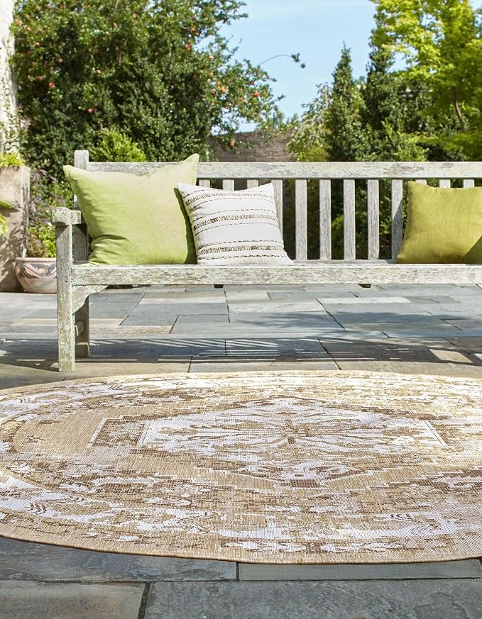 Unique Loom Outdoor Traditional Collection Area Rug - Valeria (5' 3" Round, Natural/ Ivory)