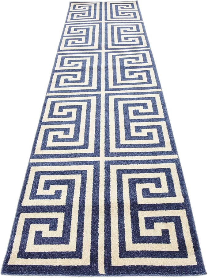 Unique Loom Athens Collection Classic Geometric Modern Border Design Area Rug (2' 7 x 10' 0 Runner, Navy Blue/ Beige)