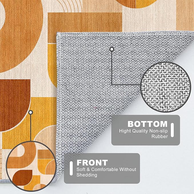 Orange Rug 2x6 Hallway Runner Rug Geometric Mid Century Modern Rugs | Washable Abstract Low Pile Non-Slip Geometric Long Carpet for Kitchen Bedroom Doorway Bathroom Laundry