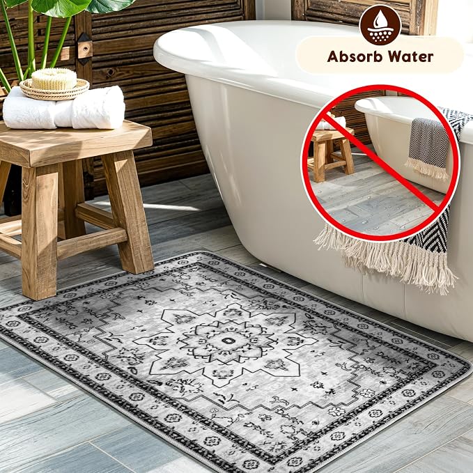 LBRO2M Machine Washable Rug Soft Pet Friendly Carpet 2X3 Gray | Persian Rug 2X3 for Entryway, Kitchen, Bathroom Non Slip Carpet, Foldable Stain Resistant Rugs