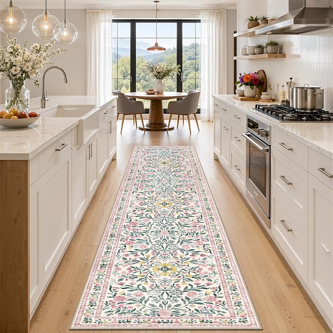 PLHXFR 2x5 Washable Runner Rug：Floral Indoor Kitchen Carpet Pink Green | For Hallway Bedroom Kitchen Laundry Bathroom Dorm,Vintage Floral,Machine washable,Non Slip,Stain Resistant,Indoor Floor