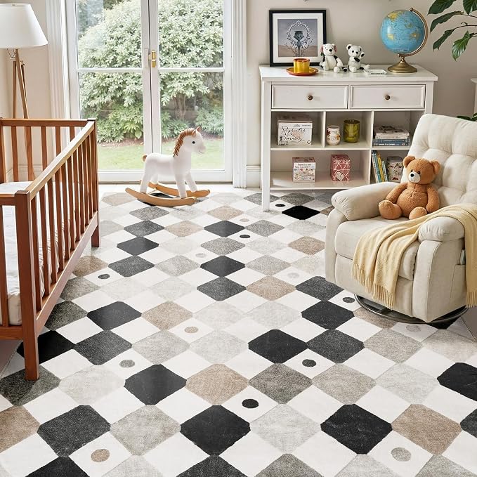 jinchan 6x9 Washable Kids Rug Classroom Rug Playroom Mat Marble | Soft, Non-Slip, Cute, Kid-Friendly, Checkered Diamond, Black White on Cream, Nursery, Living Room, Bedroom, Dorm, Daycare