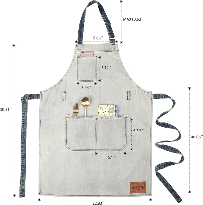 Denim Chef Apron for Women with Pockets, Jean Waitress Server Kitchen Apron for Men Cooking Gardening Painting