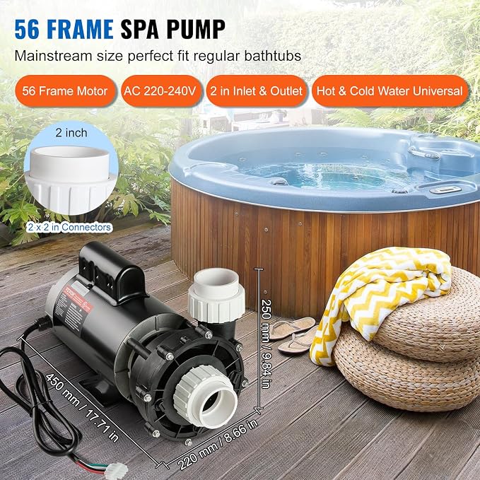 VEVOR 2 Speed SPA Pump, 56-Frame, AC 220V Hot Tub SPA Pump, 3 HP / 200 GPM / 65.61 ft High Speed or 0.4 HP / 100 GPM / 16.07 ft Low Speed, 2'' Port 90° Rotational Interface for Hot Tub