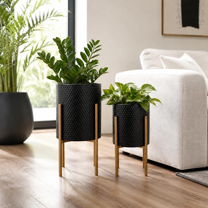 Decorative Flower Pots with Metal Stand for Home Decor - Modern Planters for Hallway, Entryway, and Living Room Decor - Indoor and Outdoor Pots for Plants - Set of 2, 23", 19", Black & Gold
