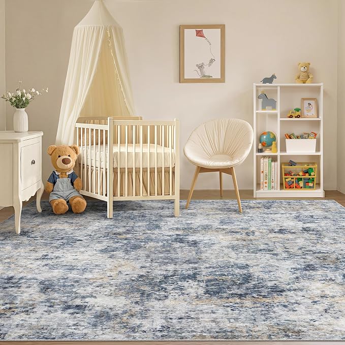 Tortania Washable 7x9 Area Rug for Living Room: Modern Abstract Neutral Large Soft Thin Rugs - Non Slip Indoor Carpet for Bedroom Dining Room Office Nursery Home Floor Decoration - Blue Grey