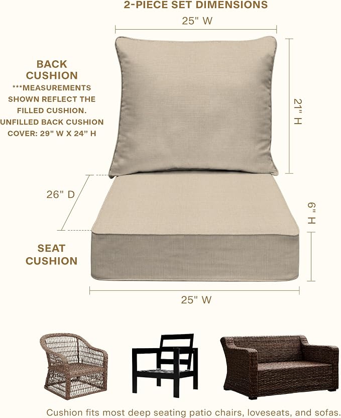 Honeycomb Outdoor Heritage Deep Seat, 25 x 26, Textured Solid Almond Chair Cushion with Removable Cover, for Patio Furniture