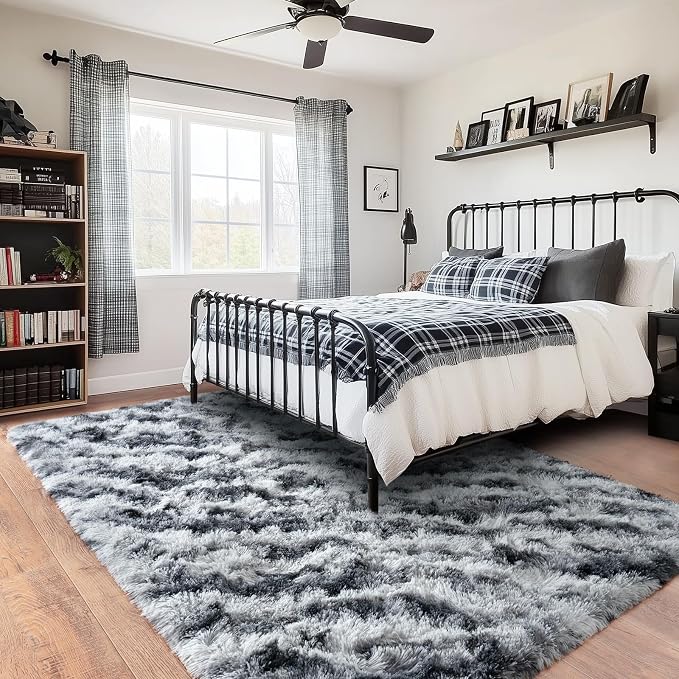 Rugs for Living Room, Ultra Fluffy Fuzzy Shag 6x9 Area Rug for Bedroom, Modern Plush Soft High Pile Upgrade Non-Slip Carpet for Kids Girls and Boys, Dorms, Home Decor, Tie-Dyed Black Grey