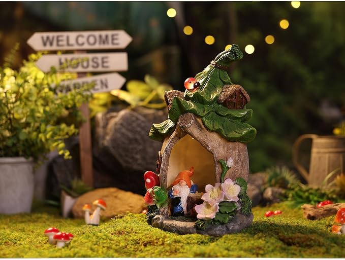 Outdoor Fairy House Garden Statues Accessories with Solar Lights Gnomes Gardening Birthday Gifts for Women Mom Grandma, House Sculpture Figurine Outside Garden Decorations for Yard Patio Porch Decor