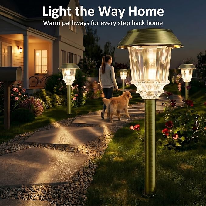 XMCOSY+ Solar Pathway Lights Outdoor - 4 Pack Auto On/Off 10-40 LM Dimmable Waterproof Outdoor Solar Lights for Yard Pathway Garden Driveway Walkway (Bronze)