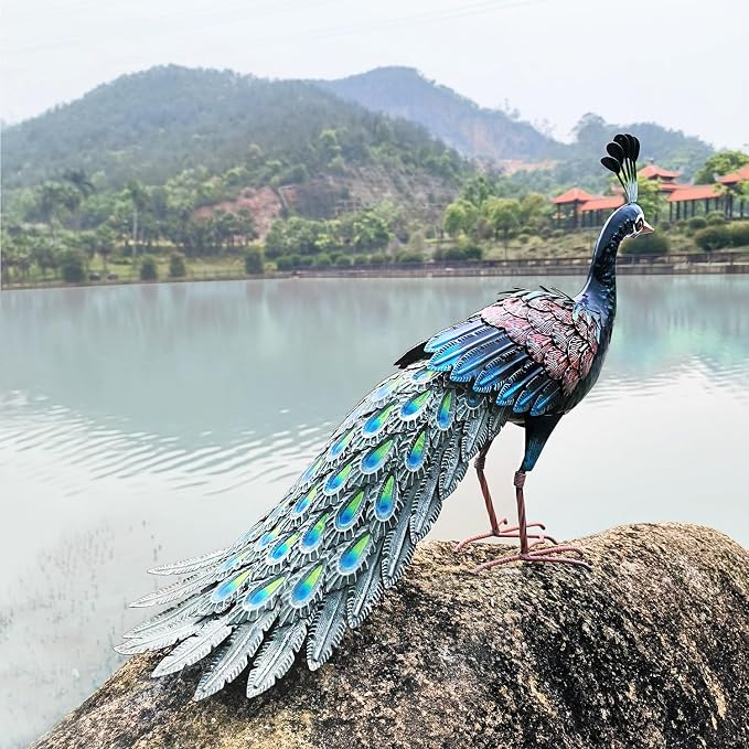 Kircust Outdoor Metal Peacock Statue, 24" L | Decor Art, Garden Sculpture, Weatherproof, Handcrafted For Patio, Yard, Home