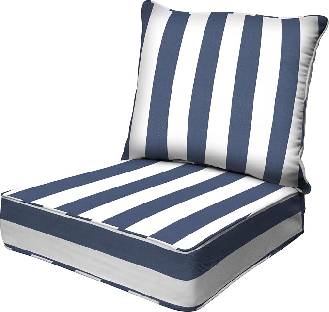 Honeycomb Outdoor Heritage Deep Seat, 23 x 25, Cabana Stripe Blue & White Chair Cushion with Removable Cover, for Patio Furniture
