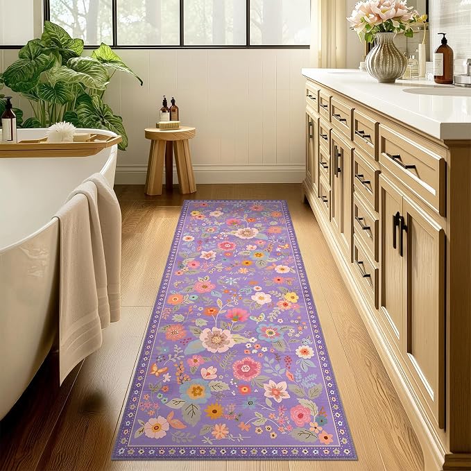 Floral Washable 2x6 Area Rugs Runner Entryway Hallway Purple/Pink | Flower Carpet, Print, Boho, Non-Slip, Easy to Clean, Low Pile, Soft, for Living Room Bedroom Kitchen Office Entrance