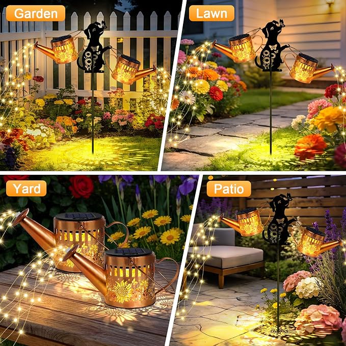 2 Pack Solar Watering Can Lights, Metal Solar Lights Outdoor Decorative with Dog Silhouette Stake, Waterproof Hanging Lantern Garden Decor Light for Outside, Patio, Yard, Birthday Gifts for Women