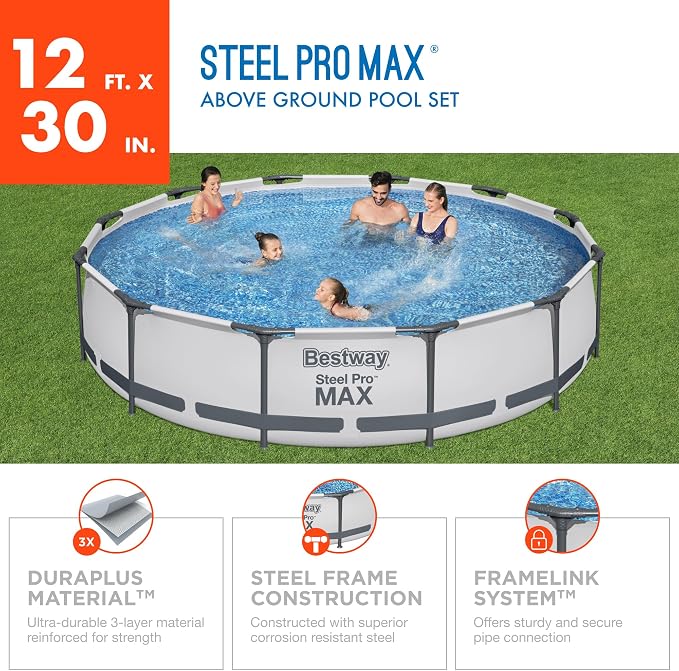 Bestway Steel Pro MAX 12' x 30" Above Ground Pool Set with Filter Pump | Metal Frame Pool, Corrosion-Resistant Steel, Puncture-Resistant Liner, Filter Pump, No-Tool Setup, Quick-Click Connectors