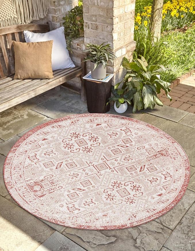 Unique Loom Outdoor Aztec Collection Area Rug - Coba (4' 1" Round, Rust Red/ Ivory)