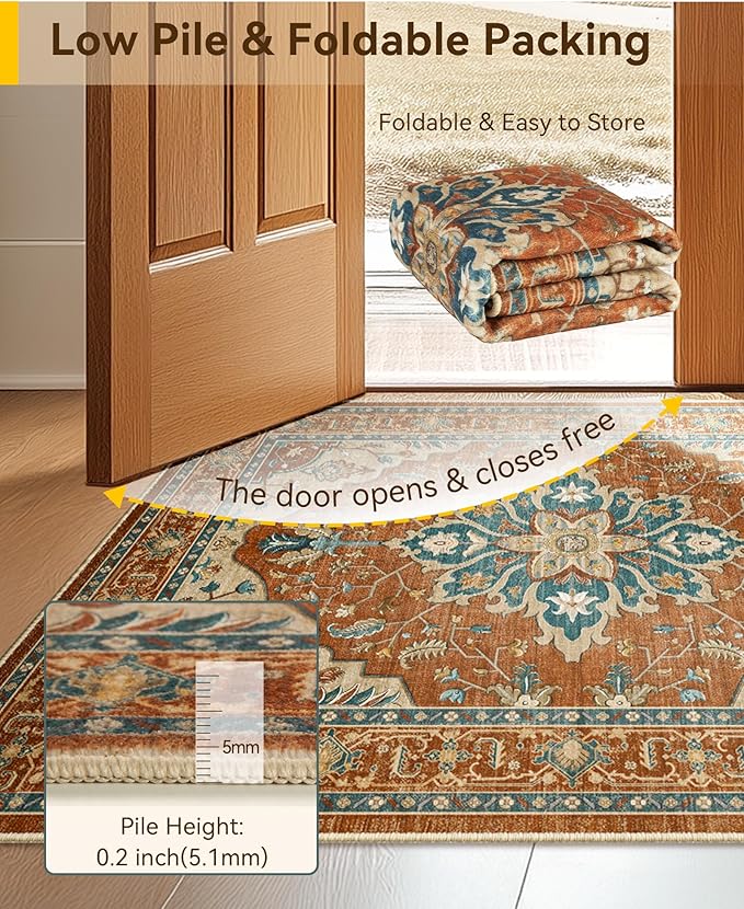 RELEANY Washable Area Rug, 4'x6', Red/Orange/Blue/Brown | Non-Slip, Water Repellent, Pet Friendly, Easy to Clean, Vintage Floral Boho Decor for Living Room Bedroom Kitchen Office