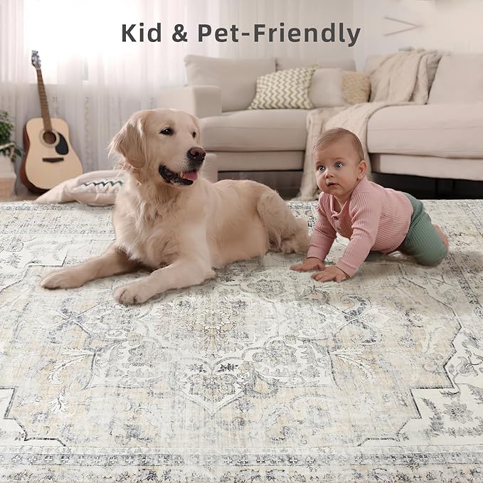 Area Rugs 9x12 Living Room: Washable Rugs for Bedroom Non Slip Low Pile Soft Faux Wool Non Shedding Distressed Vintage Boho Large Carpet for Dining Room Under Table Nursery Entryway Office Farmhouse
