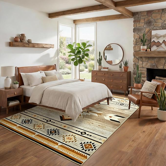 BENRON Western Area Rugs for Living Room Bedroom 4x6, Washable, Beige Brown | Non Slip Southwest aztec Rustic Rugs for Dining Table Kitchen Home Decor