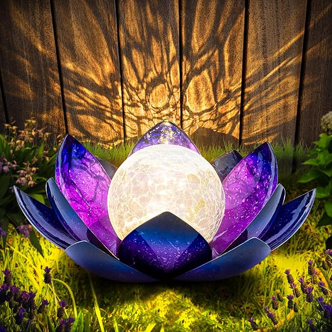 Huaxu Solar Lights Outdoor Decor, Purple Lotus Flower Light, Waterproof LED Crackle Globe Glass Lamp for Garden, Patio, Yard, Porch, Pathway, Ground, Tabletop Gifts for Mom,Women