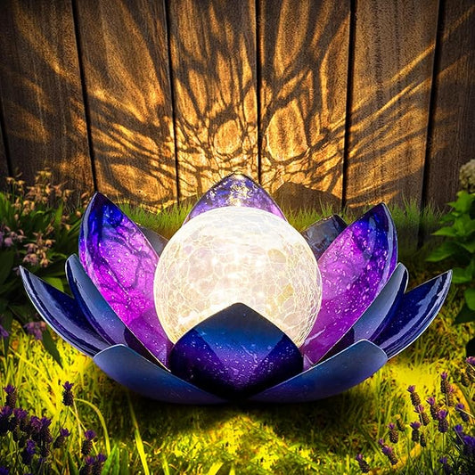 Huaxu Solar Lights Outdoor Decor, Purple Lotus Flower Light, Waterproof LED Crackle Globe Glass Lamp for Garden, Patio, Yard, Porch, Pathway, Ground, Tabletop Gifts for Mom,Women
