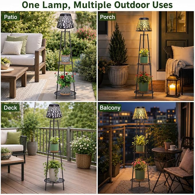 2 Pack Outdoor Solar Floor Lamp with Plant Stand, Waterproof Metal Garden Lights with 2-Tier Shelves, Decorative LED Cordless Patio Lamp for Porch, Deck, Balcony, Yard & Corner Decor (Bronze)