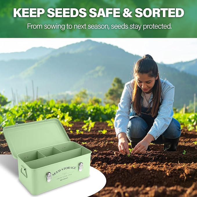 Seed Storage Box Organizer – Green Garden Seeds Tin with Lid, Side Handles, 4 Compartments & Safety Lock – Seed Packet Container for Gardeners – Gardening Gift Idea | Seed Tin with Lid, Handles, 4 Sections & Safety Lock – Perfect Gardening Gifts for Me...