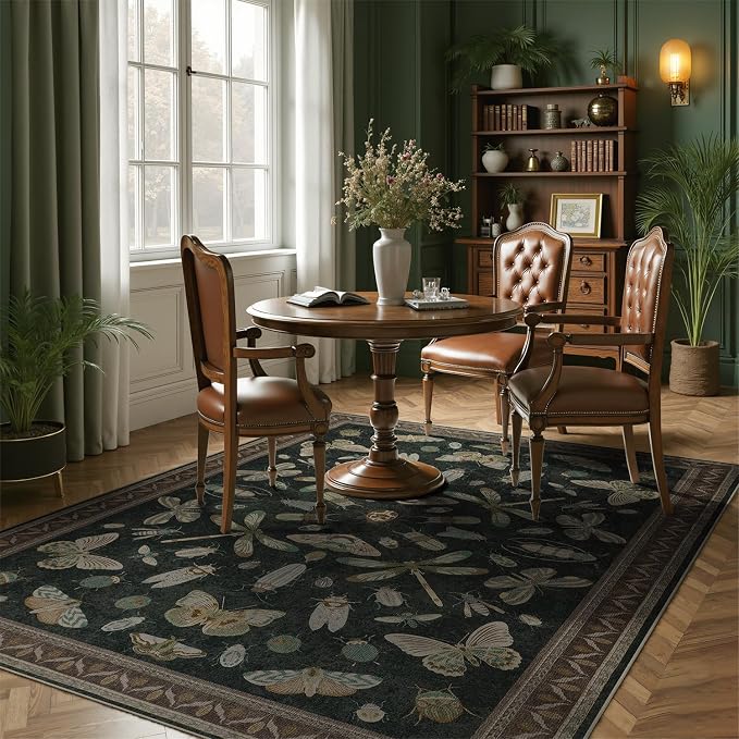 DCX 8x10 Washable Bug Rug for Living Room, Soft Low Pile Rug, Black | Easy to clean, non-shedding, soft, kid & pet friendly, with a non-slip rubber backing for bedrooms, and nature-themed decor
