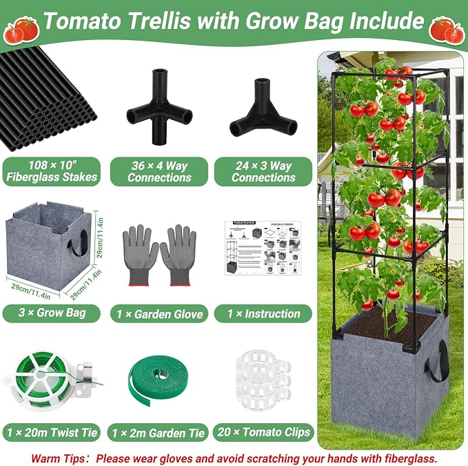 Qinzave 3 Pack Square Tomato Cages with Grow Bags, 42.5 Inch Stable Square Tomato Planter Support Stakes Kit for Garden, Tomato Cages Trellis Pots for Spring Climbing Vegetables Fruits Vines Flowers