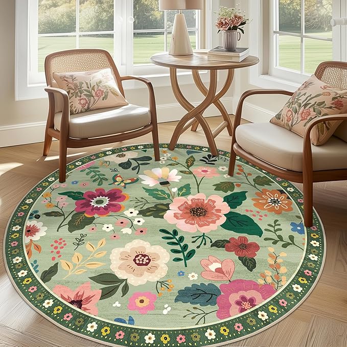 RELEANY Floral Washable Round 6ft Area Rug LightGreen | Flower Carpet, Print, Boho, Non-Slip, Easy to Clean, Soft, Low Pile for Living Room Bedroom Kitchen Office Entryway Hallway