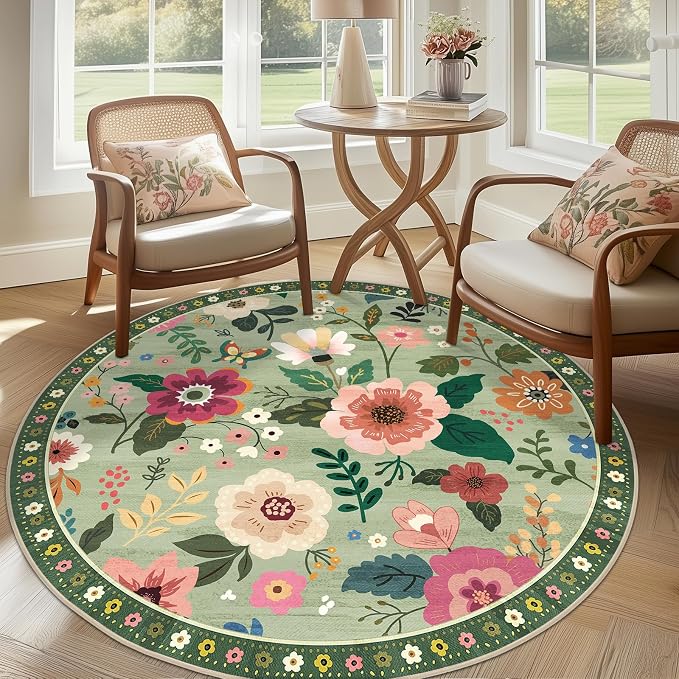RELEANY Floral Washable Round 8ft Area Rug LightGreen | Flower Carpet, Print, Boho, Non-Slip, Easy to Clean, Soft, Low Pile for Living Room Bedroom Kitchen Office Entryway Hallway