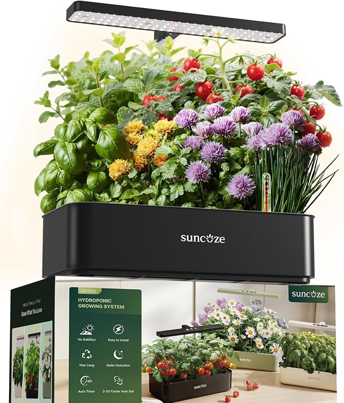 SUNCOZE Hydroponics Growing System, Compact 12 Pods Indoor Garden, Black | 24W LED Dimmable Grow Light, 4L Water Tank with Quiet Pump, Adjustable Height Herb Garden Planter Indoor Kit, Gardening Gifts
