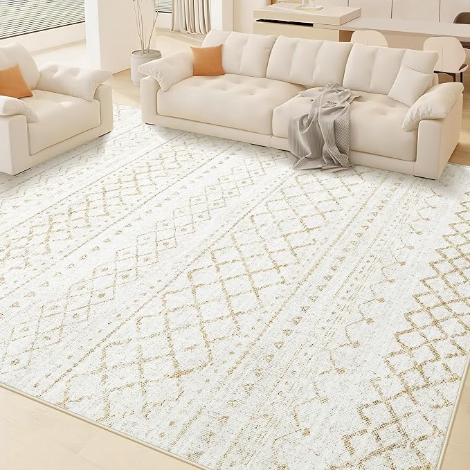 Area Rug for Living Room 6x9: Large Washable Boho Moroccan Rugs Geometric Neutral Rug, Non-Slip Foldable Morden Farmhouse Indoor Floor Carpet for Bedroom Dining Table Home(Beige,6X9)