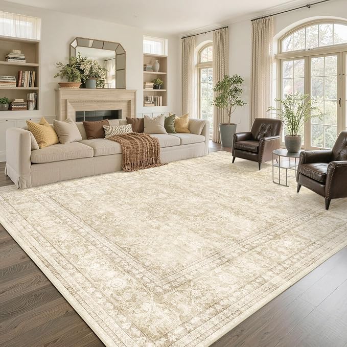 9x12 Ft Extra Large Area Rugs for Living Room, Soft Non-Slip Machine Washable Rug, Vintage Stain Resistant Carpets for Bedroom Nursery Dining Room Home Decor (Beige)