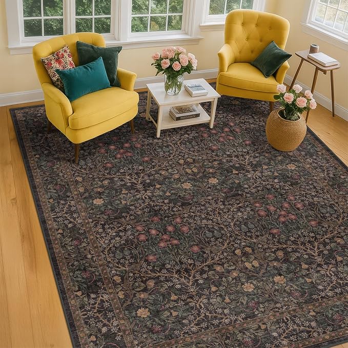 Dark Brown Washable Area Rug for Living Room - 6x9 Oriental Area Rug for Dining Room Under Table, Low Pile Non-Slip Floor Carpet for Bedroom - Vintage Botanical Floral Design & Stain Resistance