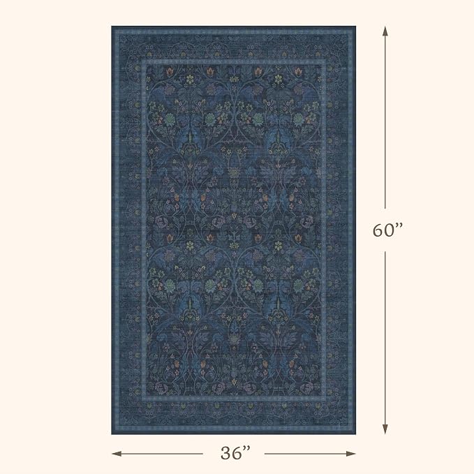 3x5 Large Entryway Rugs, Non Slip Washable Area Rug for Kitchen, Bedroom, Laundry, Navy Low Pile Stain Resistant Flower Victorian Indoor Carpet (Dark Blue)