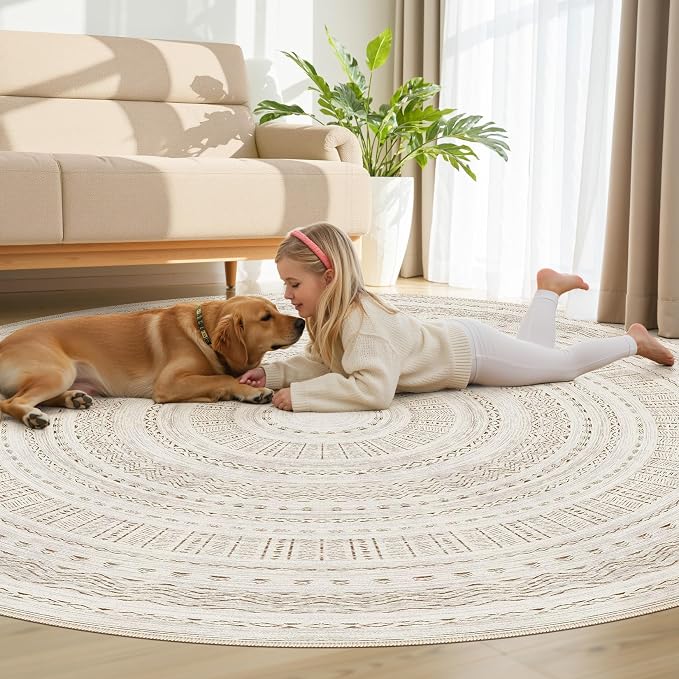 cotiled 8x8 Round Rug 8ft Circle Living Room Boho Area Rugs | Solve Modern Neutral Trendy Home Decor - Washable Foldable Indoor Carpet for Bedroom Home Office Brown Cream