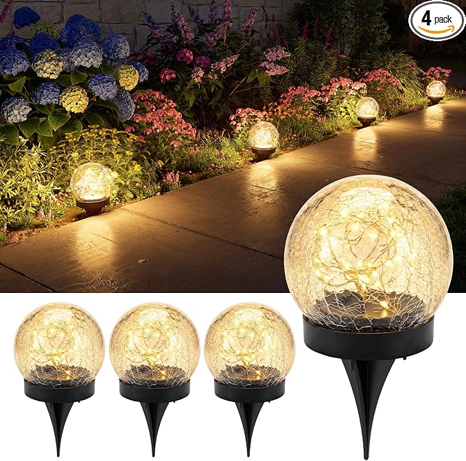 4 Pack Warm White Solar Powered Cracked Glass Globe Lights Outdoor | Waterproof Decorative Table Ball Lamp, for Outside Garden, Patio, Yard, Deck, Pathway, Flower Bed Decoration, Easy to Install