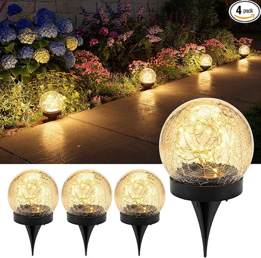 4 Pack Warm White Solar Powered Cracked Glass Globe Lights Outdoor | Waterproof Decorative Table Ball Lamp, for Outside Garden, Patio, Yard, Deck, Pathway, Flower Bed Decoration, Easy to Install