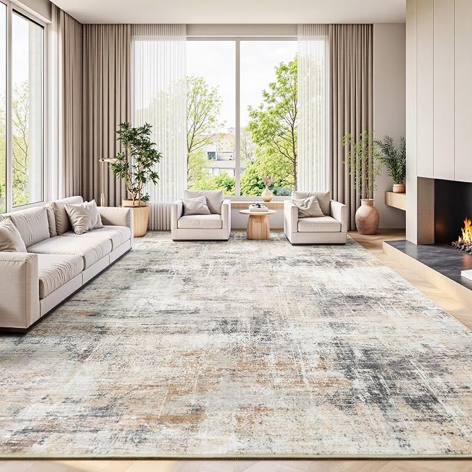 9x12 Area Rug for Living Room, Abstract Washable Non-Slip Large Rugs, Gold | Soft Neutral Carpet for Bedroom, Dining Room, Home Office Nursery Indoor, Stain Resistant, Low Pile, Foldable Modern Rug
