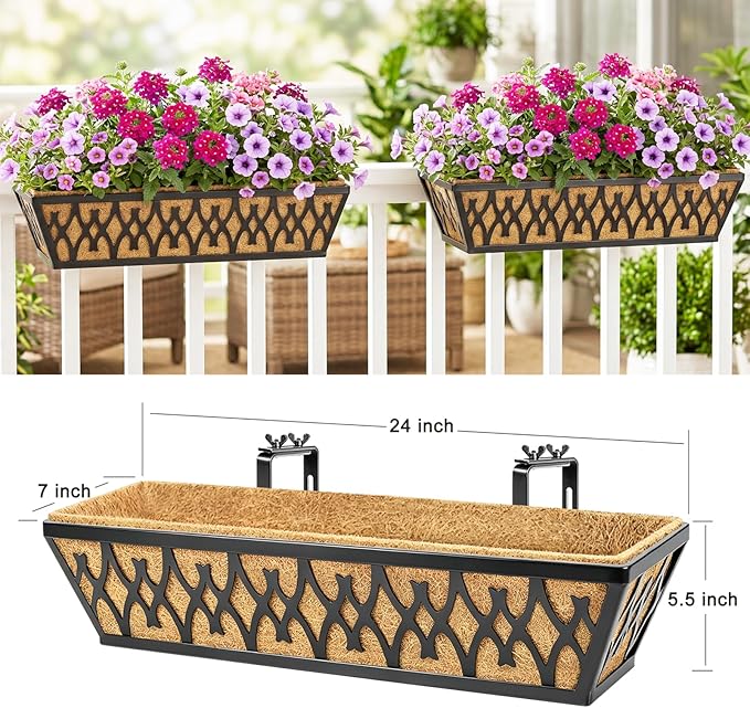 2 Pack 24 Inch Window Boxes Planters Railing Planter Box with Adjustable Brackets for Porch Fence Patio Balcony Hanging Flower Baskets with Coco Liners for Outdoor Garden Décor - Black